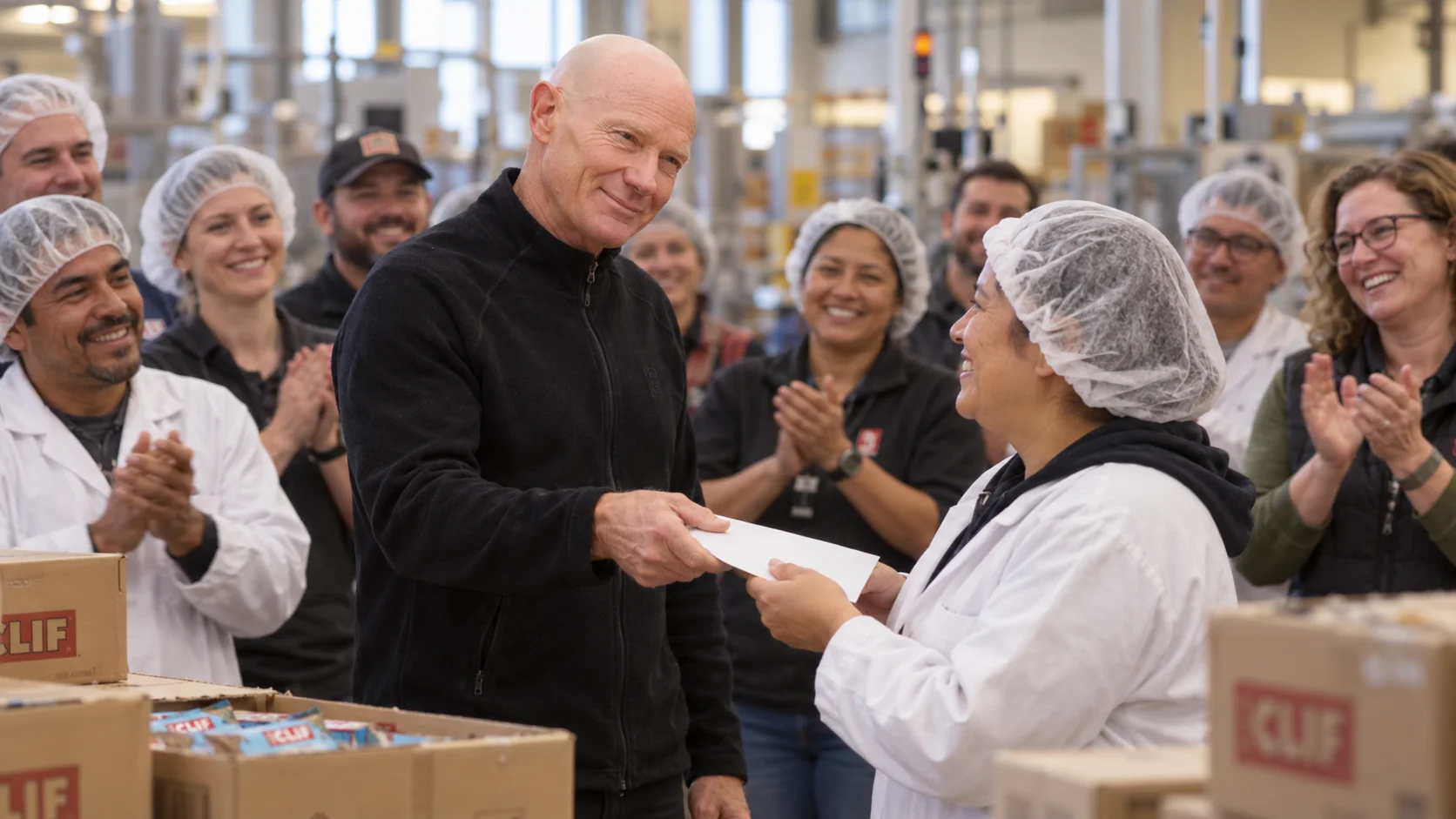 Smiling man in black fleece hands an envelope to a worker in a hairnet inside a Clif Bar factory, surrounded by applauding colleagues in lab coats.