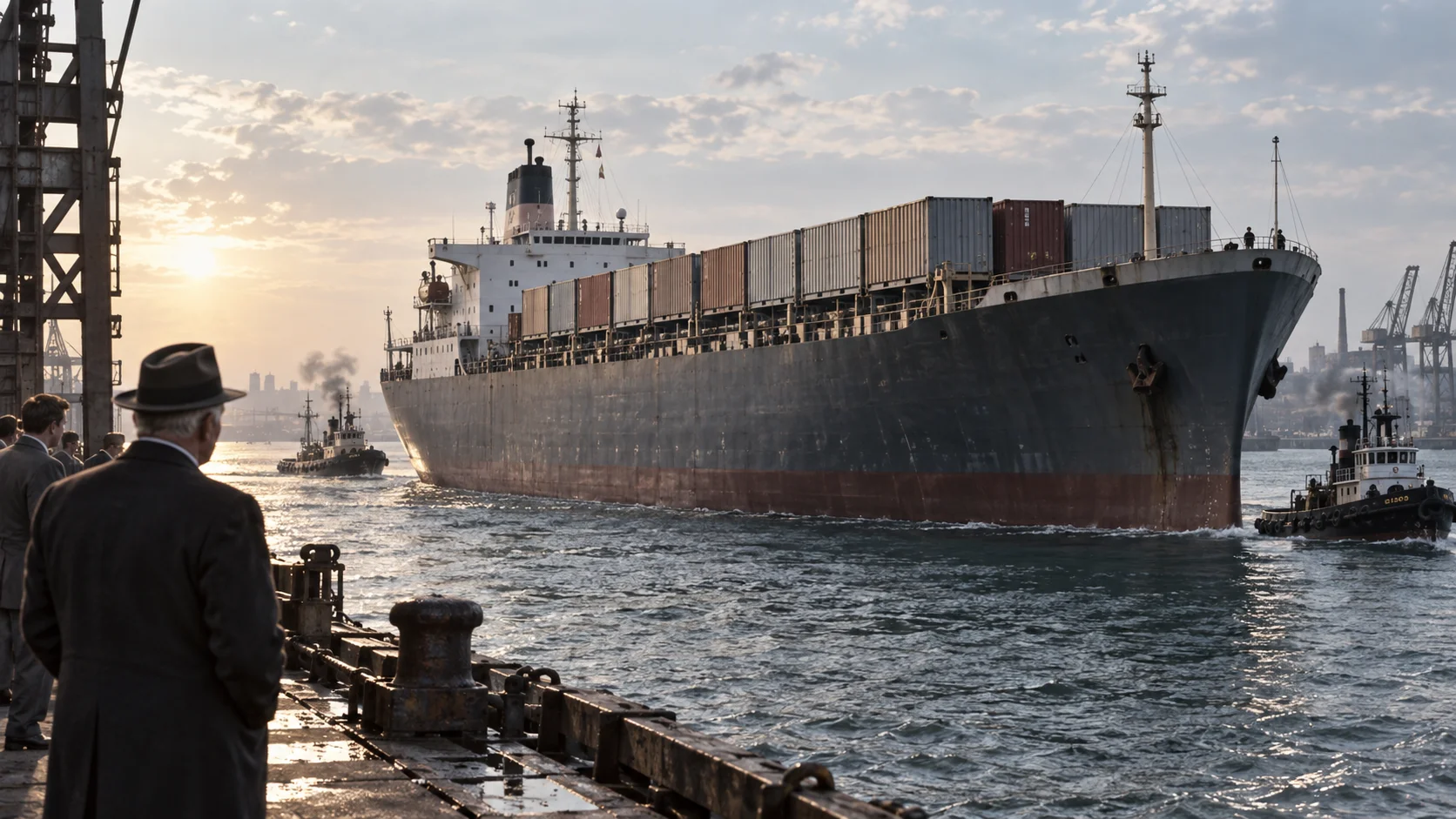 Man in a fedora watches a massive container ship guided by tugboats through a bustling harbor at golden-hour sunset, evoking quiet resolve.