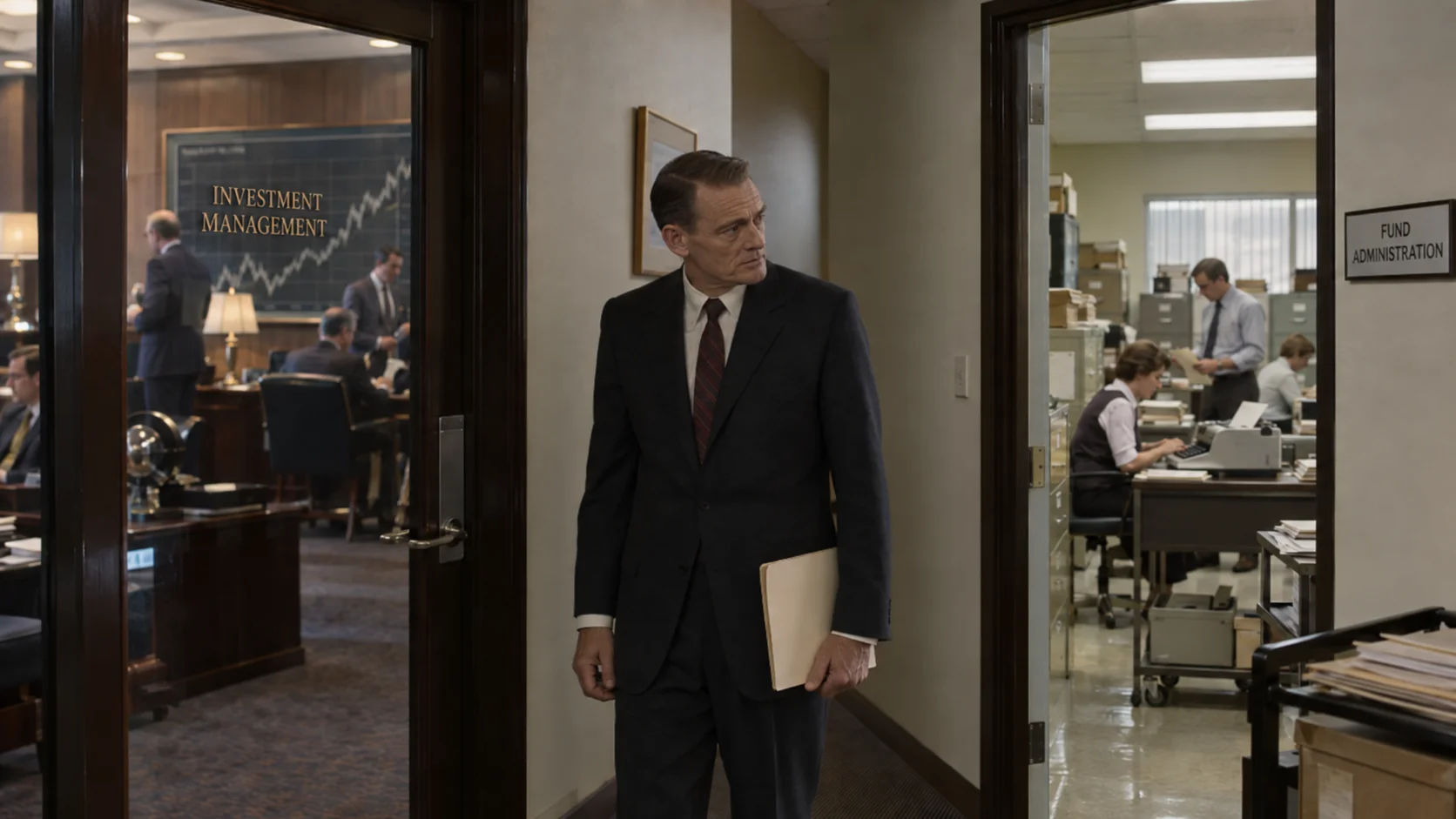 Suited man holding a folder stands in a hallway between an Investment Management office and a Fund Administration room in a vintage financial setting.