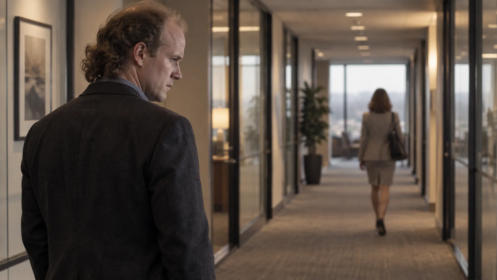 Man in dark blazer stands in a corporate hallway looking down as a woman in a suit walks away toward a bright floor-to-ceiling window, conveying tension and dis