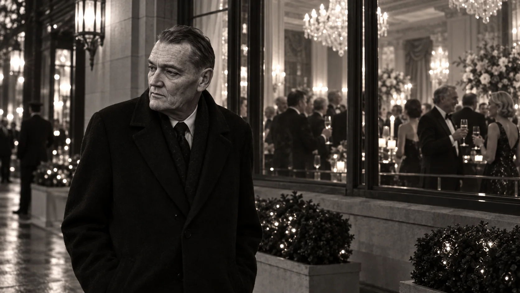 Somber older man in a dark overcoat stands alone outside a glittering chandelier-lit gala, gazing away with a brooding, isolated expression.