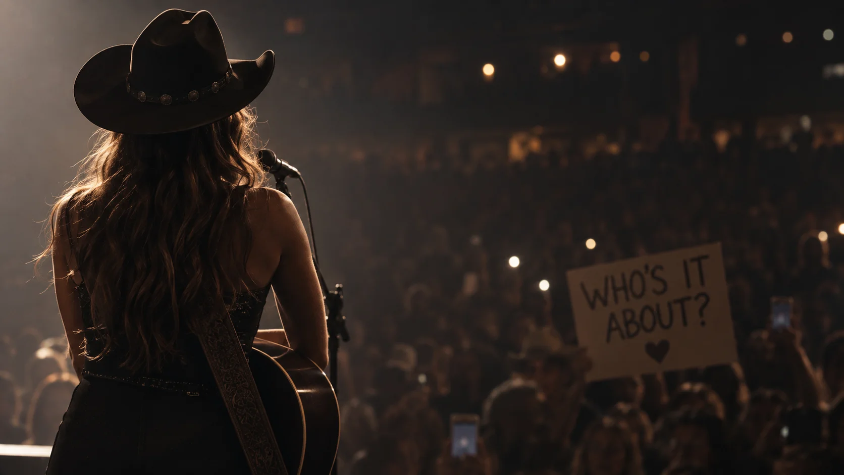 Female country artist seen from behind, guitar in hand and cowboy hat on, faces a packed venue crowd holding a "Who's It About?" sign under warm stage lights.