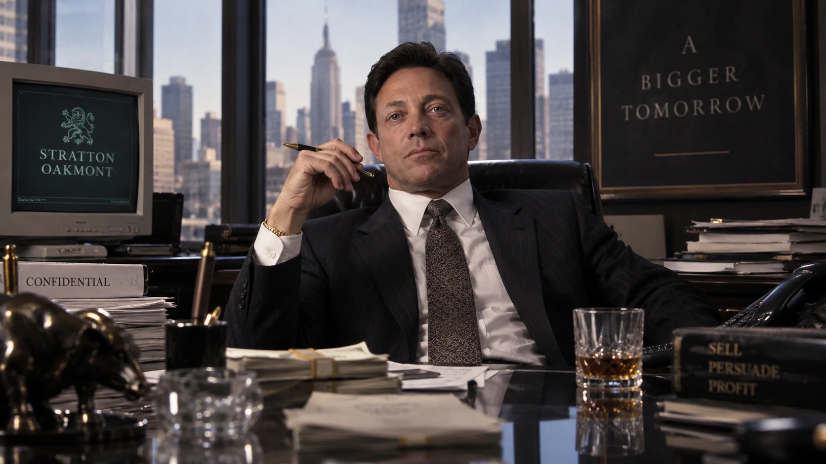 Suited man holds a pen pensively at a desk cluttered with cash and a whiskey glass, Stratton Oakmont monitor and NYC skyline visible behind him.