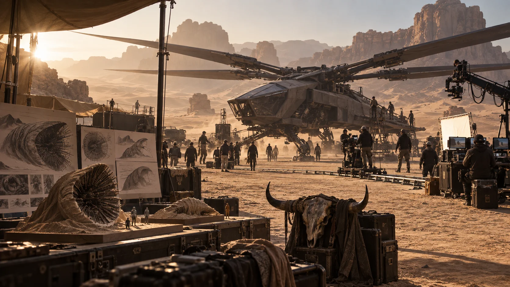 Sci-fi film set in a sun-drenched desert, crew working around a massive ornithopter prop amid concept art, skull props, and camera rigs against rocky mesas.