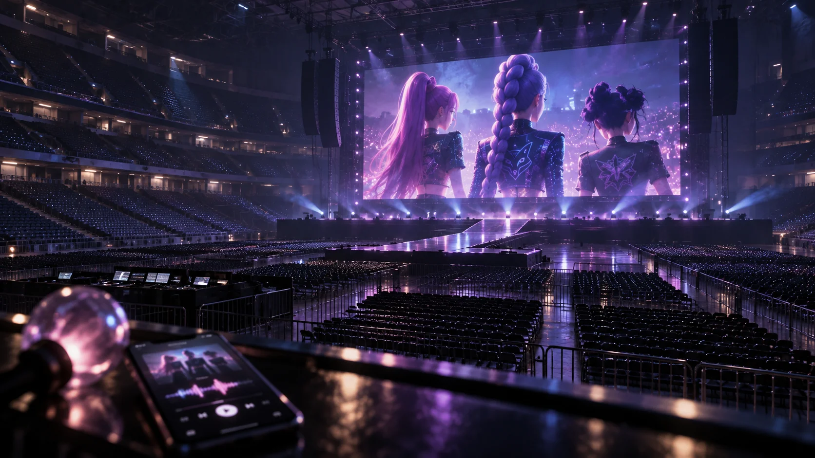 Empty arena bathed in purple stage light, with a massive LED screen showing animated K-pop-style performers and a music player app glowing in the foreground.