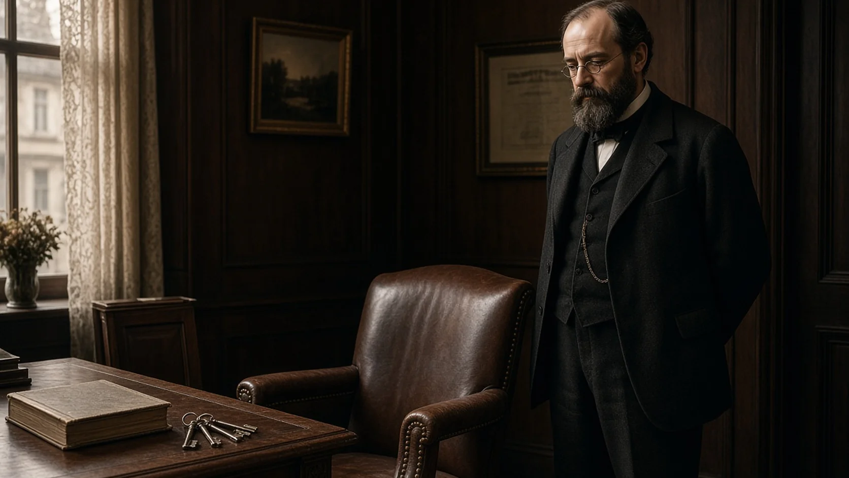 Bearded man in Victorian-era black suit stands pensively beside a dark wood desk holding keys and a ledger, dim office lit by lace-curtained window.