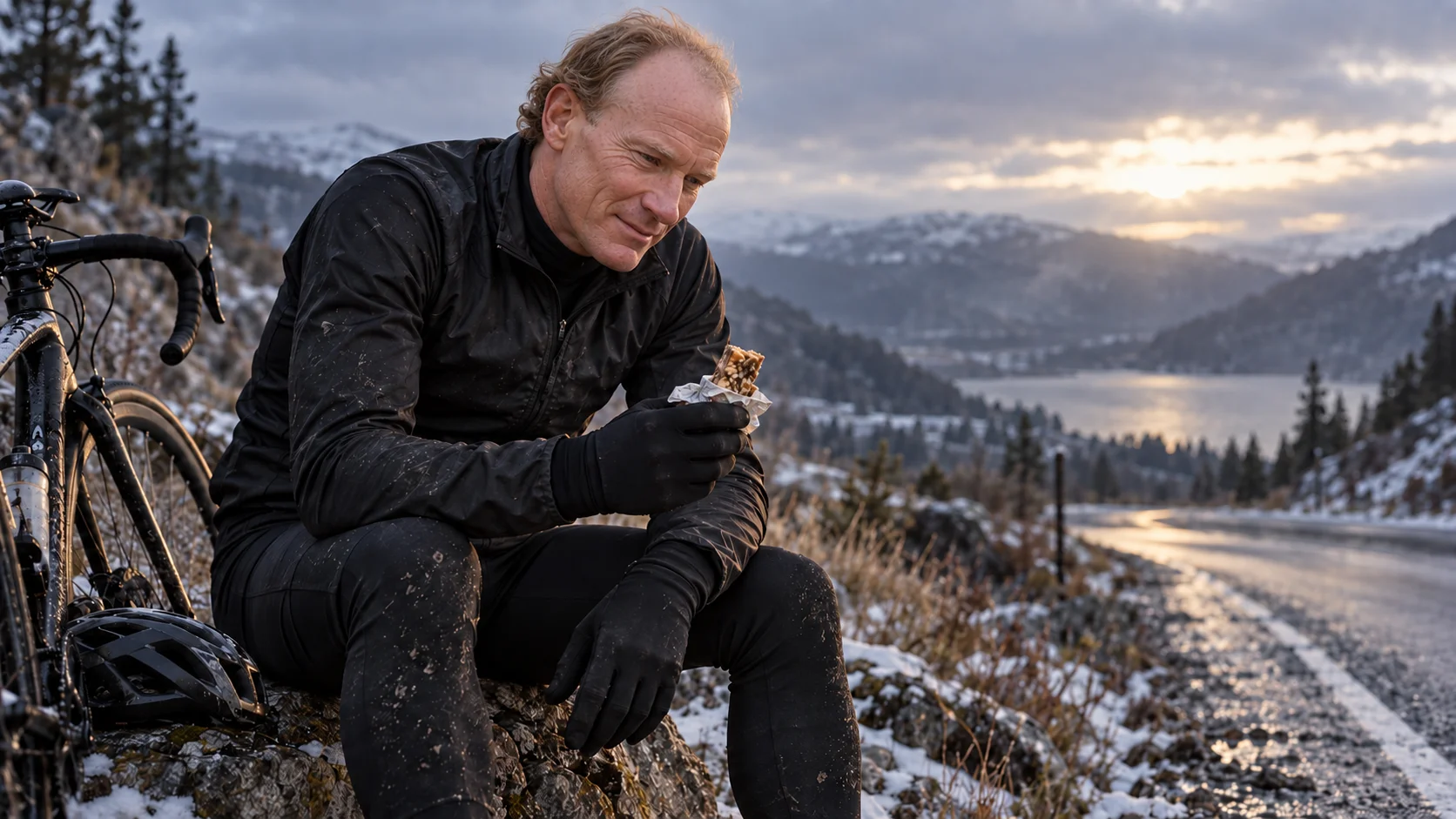 Mud-spattered cyclist resting on a snowy roadside rock, eating an energy bar beside his bike, with a moody winter lake and mountain vista behind him.