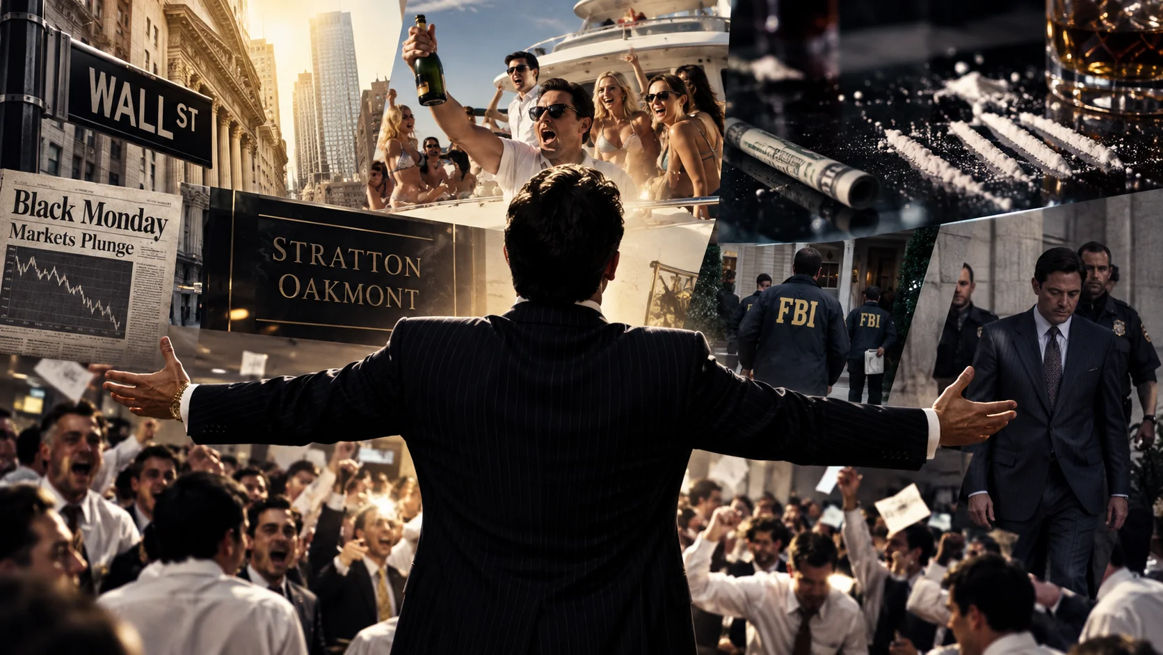 Collage showing a suited man commanding a cheering crowd near Stratton Oakmont signage, with scenes of yacht excess, FBI agents, arrest, drug lines, and a Black