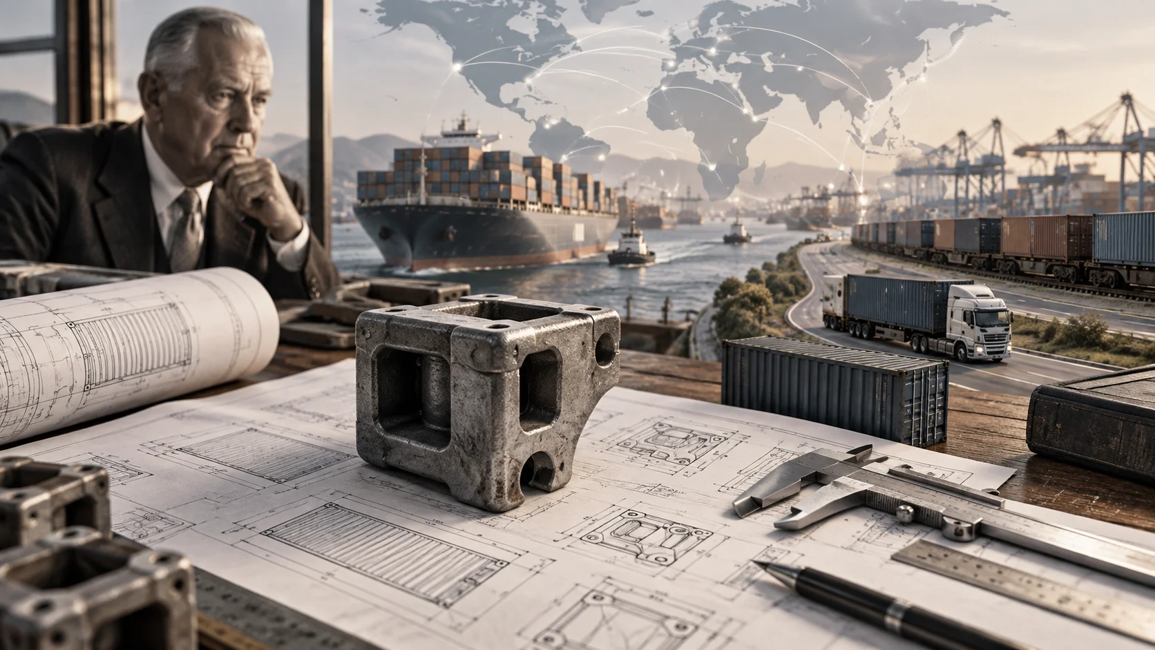 Pensive older man in a suit studies blueprints beside a metal casting, with a composite backdrop of container ships, freight trucks, and a glowing global trade