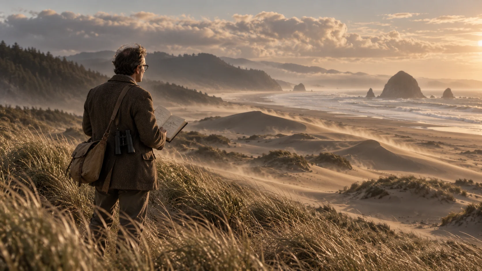 Man holding a notebook and binoculars surveys a vast misty coastline of rolling sand dunes and sea stacks at golden hour.