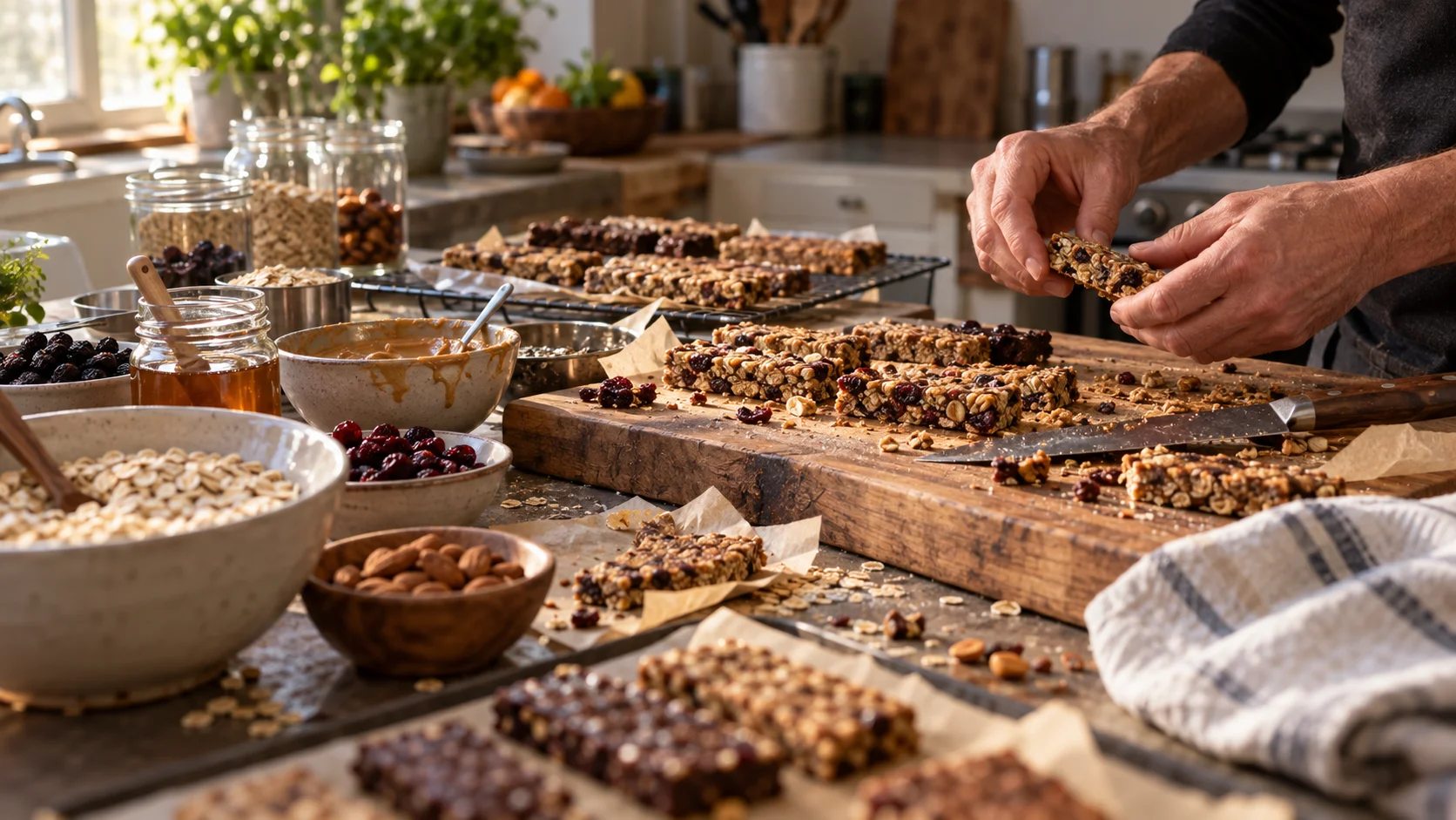 Hands breaking a homemade granola bar over a rustic kitchen counter scattered with oats, dried berries, almonds, honey, and cooling racks of cut bars in warm na