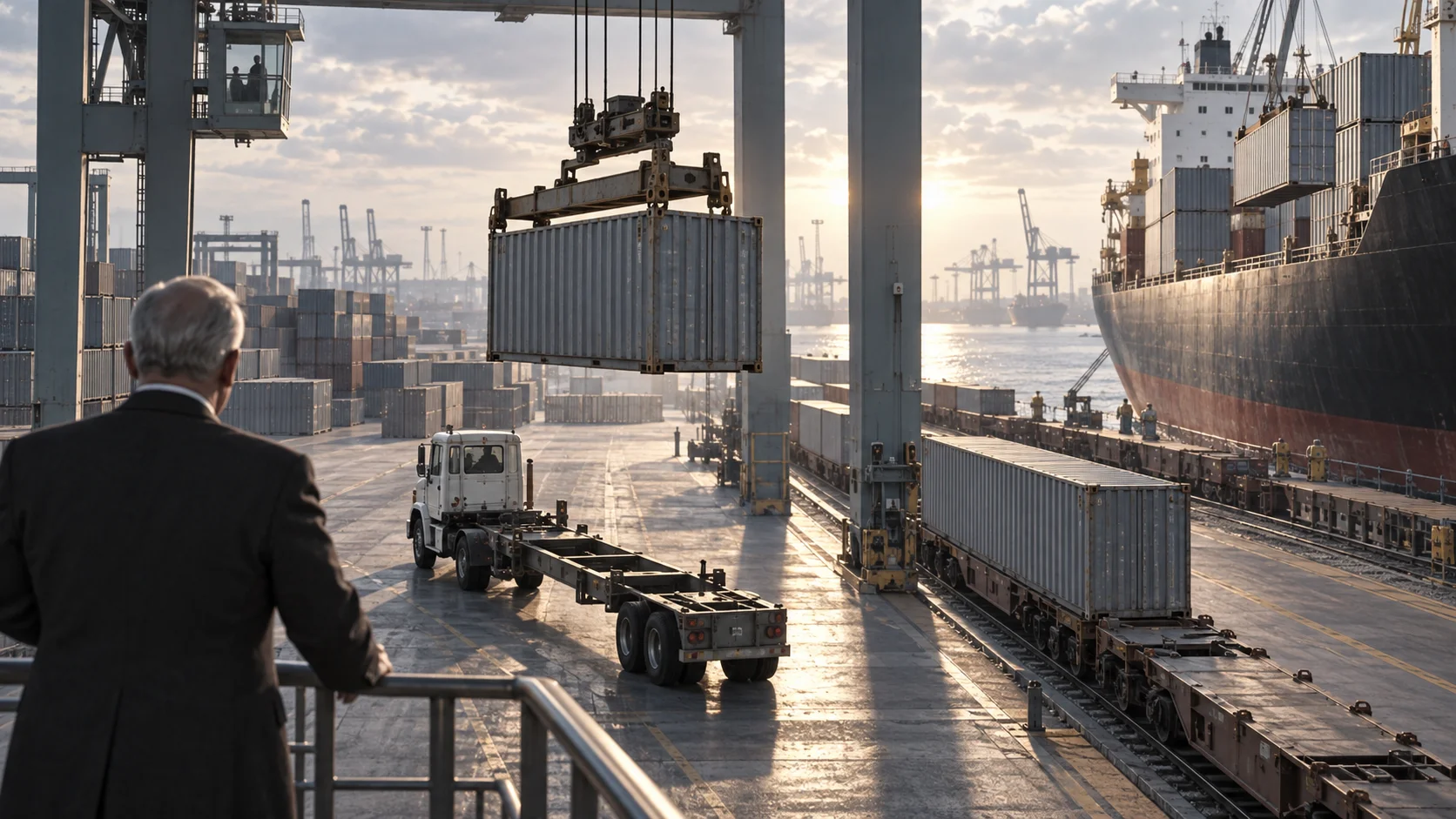 Suited executive overlooks a busy container port at golden hour, watching a crane lift a shipping container above a flatbed truck beside a massive cargo ship.