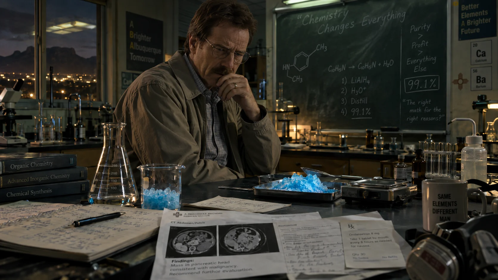 Man sits pensively in a dimly lit lab surrounded by blue crystals, beakers, chemistry textbooks, and a chalkboard reading "Chemistry Changes Everything.