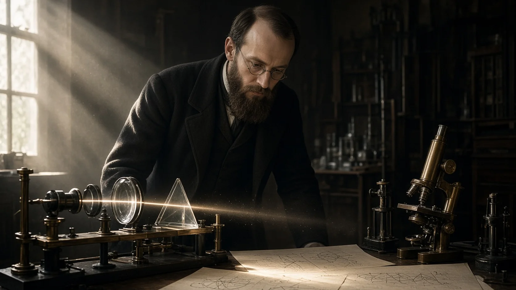 Bearded Victorian-era scientist leans intently over a glowing prism experiment on a dark laboratory bench, flanked by brass instruments and a microscope.