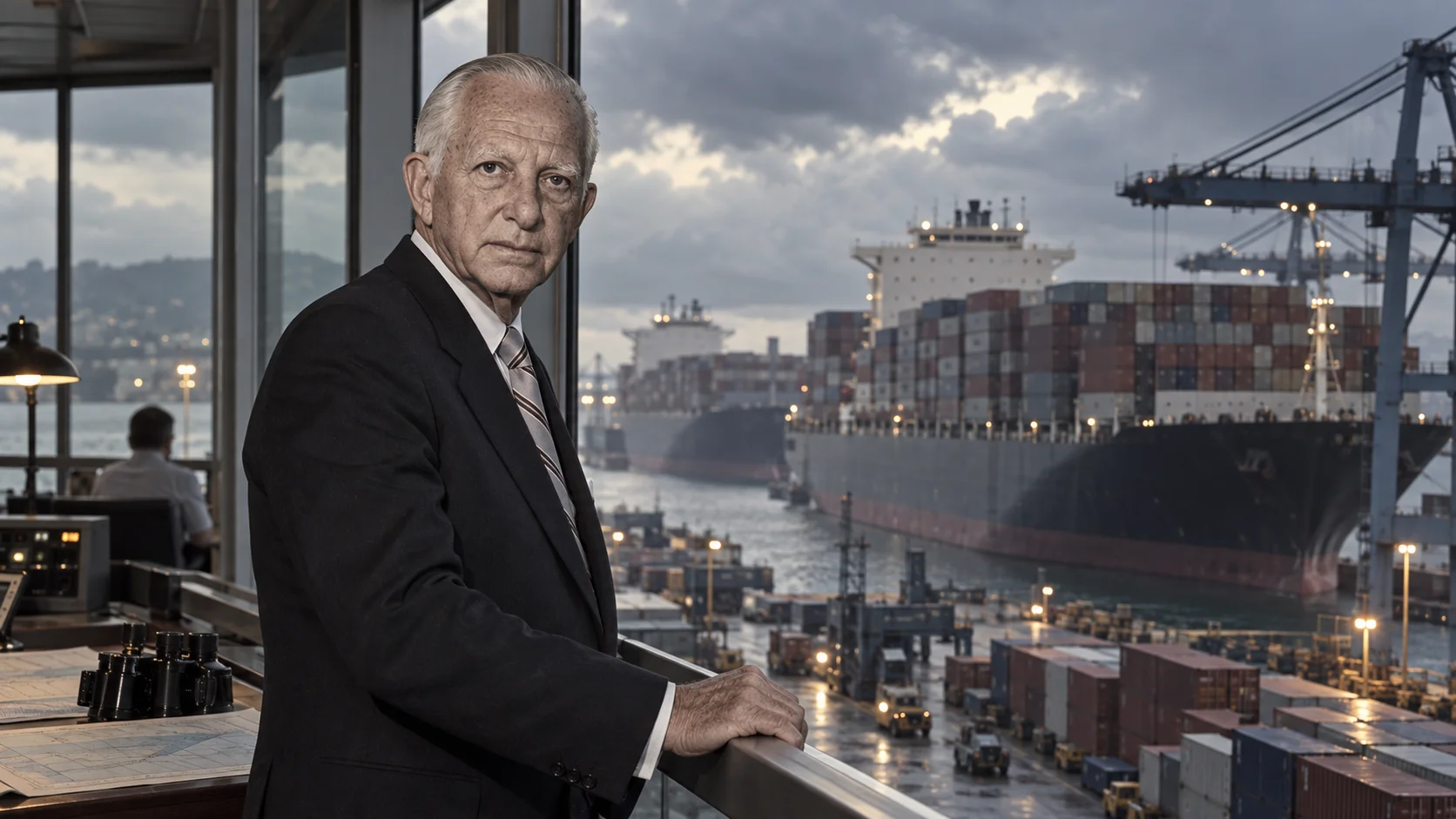 Silver-haired executive in a dark suit stands at a port control room railing, gazing intently at camera with massive container ships and a busy dock behind him.