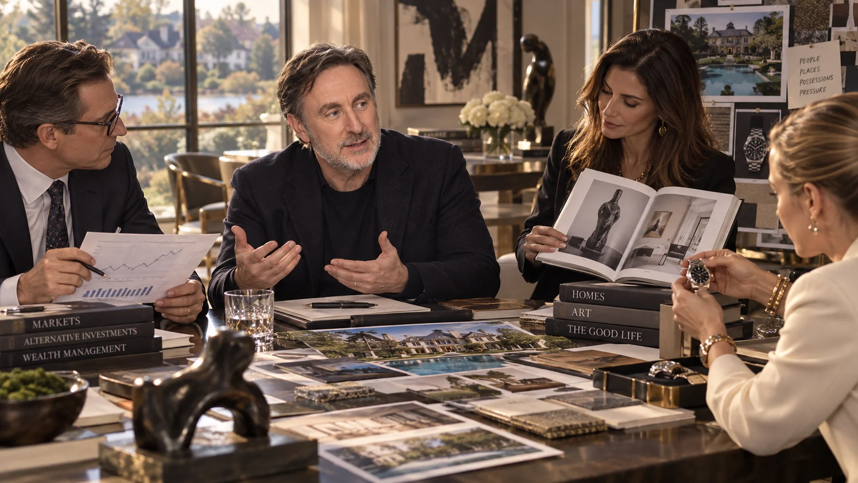 Four well-dressed people huddle around a luxury table scattered with estate photos, watches, and books titled Markets, Art, and The Good Life.