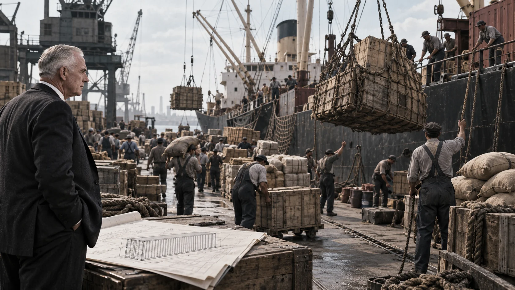 Suited man surveys a bustling mid-century cargo dock with cranes and dockworkers, blueprints of a shipping container open on a crate beside him.