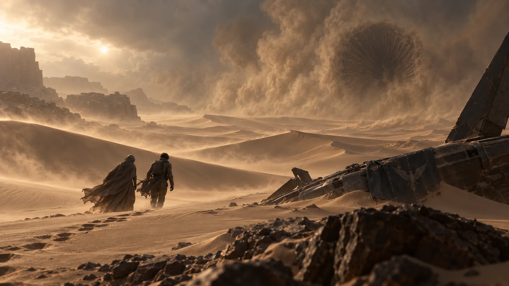 Two robed figures cross vast wind-swept dunes beside crashed wreckage as a massive sandworm emerges from swirling storm clouds above.